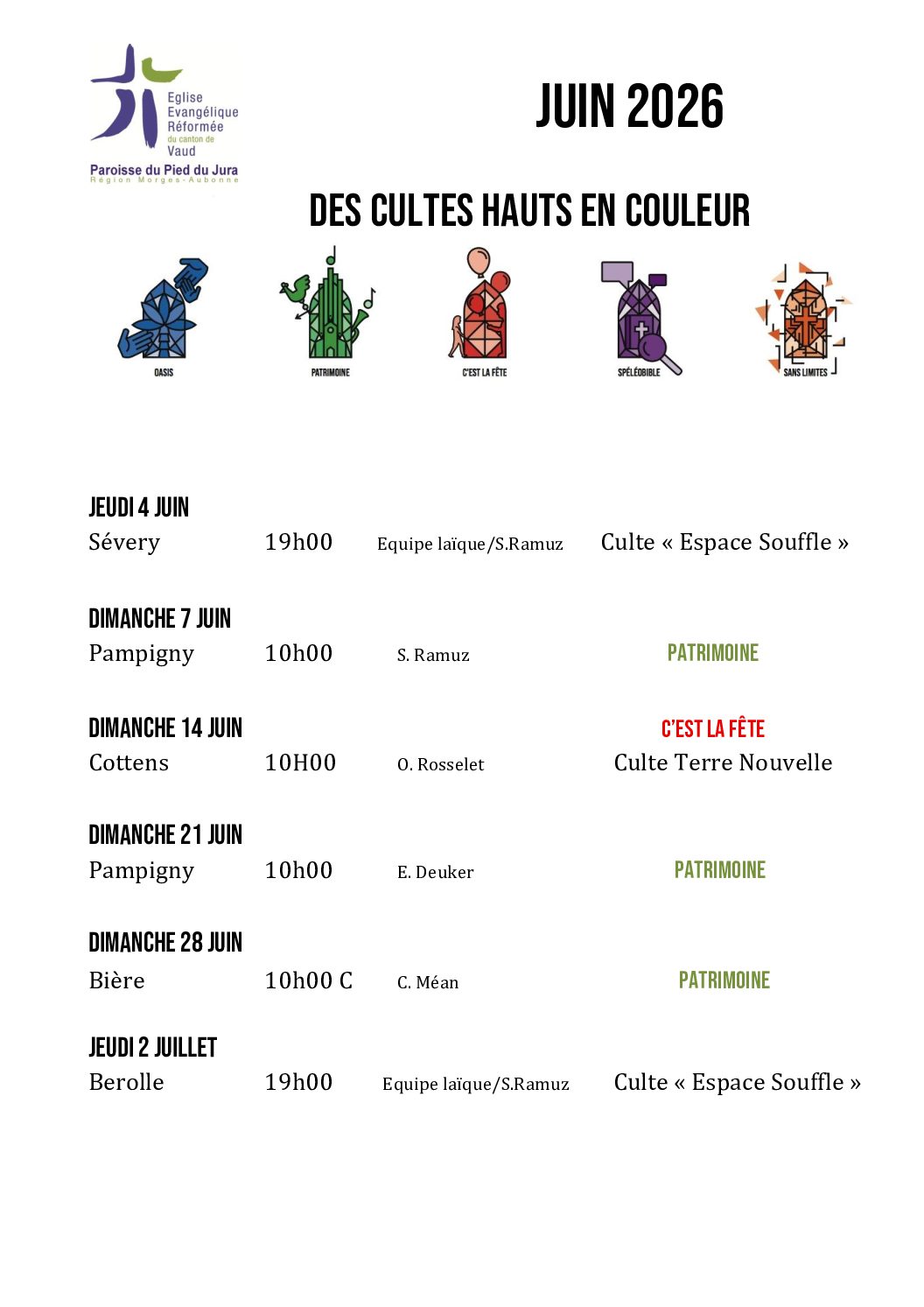 Cultes juin 2026 pour affichage